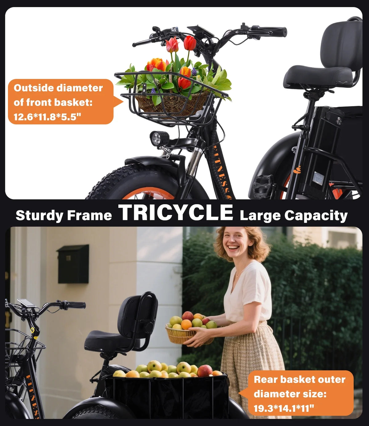 YEBEI Electric Tricycle for Adults Folding E-Trike Motorized Tricycle Electric 3 Wheels Trike Powerful 500W Motor Electric Tricycle 48V15AH Lithium Battery Max 20MPH 20*4.0�� Fat Tire Orange