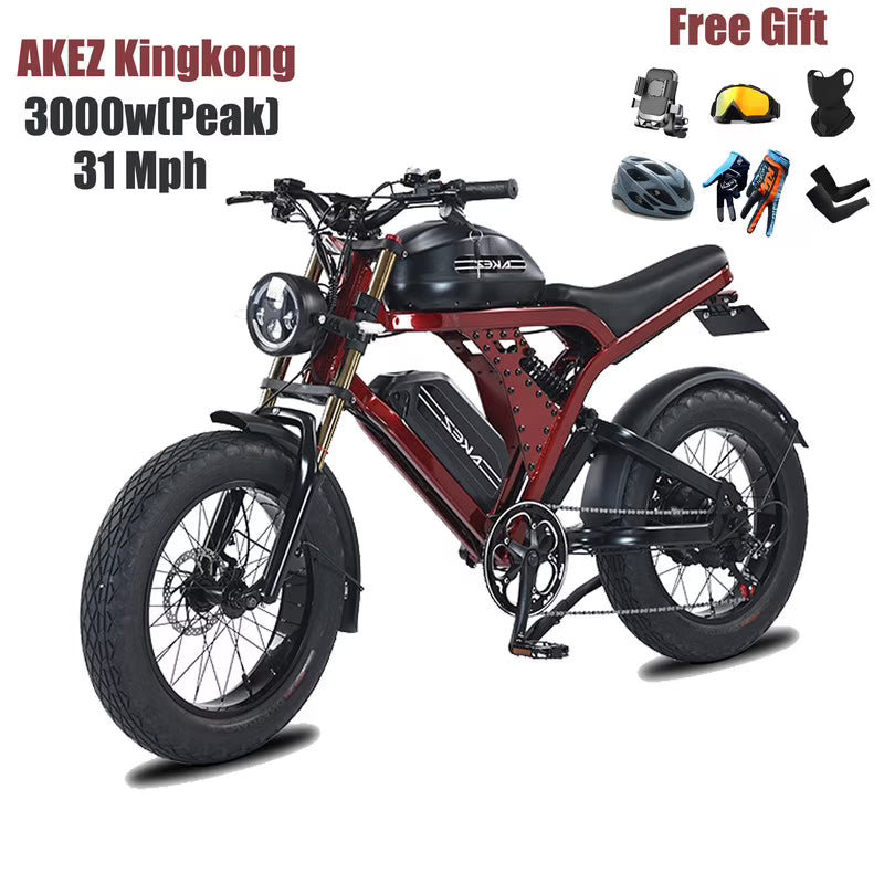 Peak 3000W AKEZ Kingkong 1500W Electric Bike,31MPH Electric Dirt Bike for Adults,48V41A Dual Removable Battery Mountain Ebike,20'' Fat Tire Ebike,7Speed,Hydraulic Brake