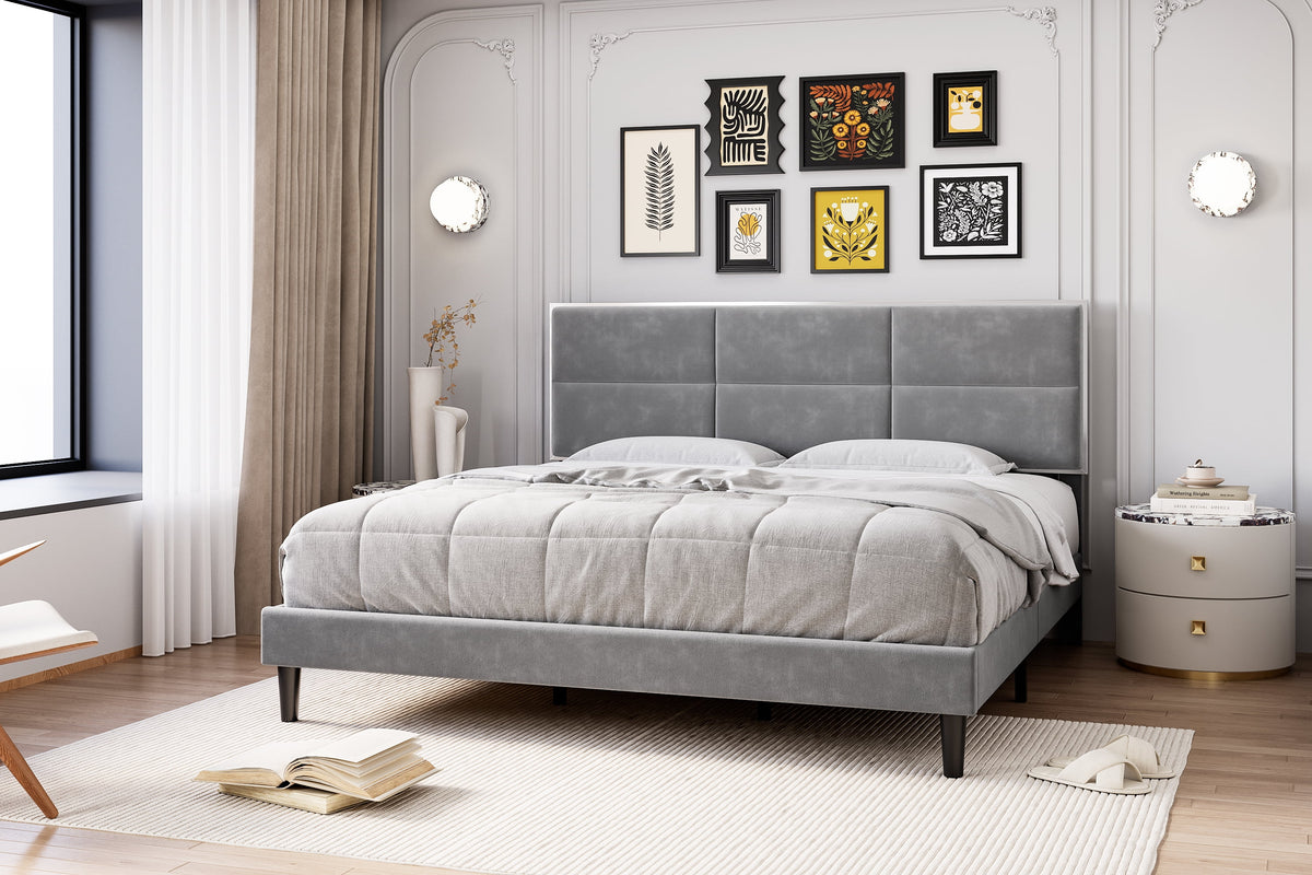 Homhougo King Size Bed Frame Upholstered Platform, Bed Frame with Square Velvet Headboard, Wooden Slats Support, Non-Slip and Noise-Free, No Box Spring Needed, Easy Assembly(Light Gray)