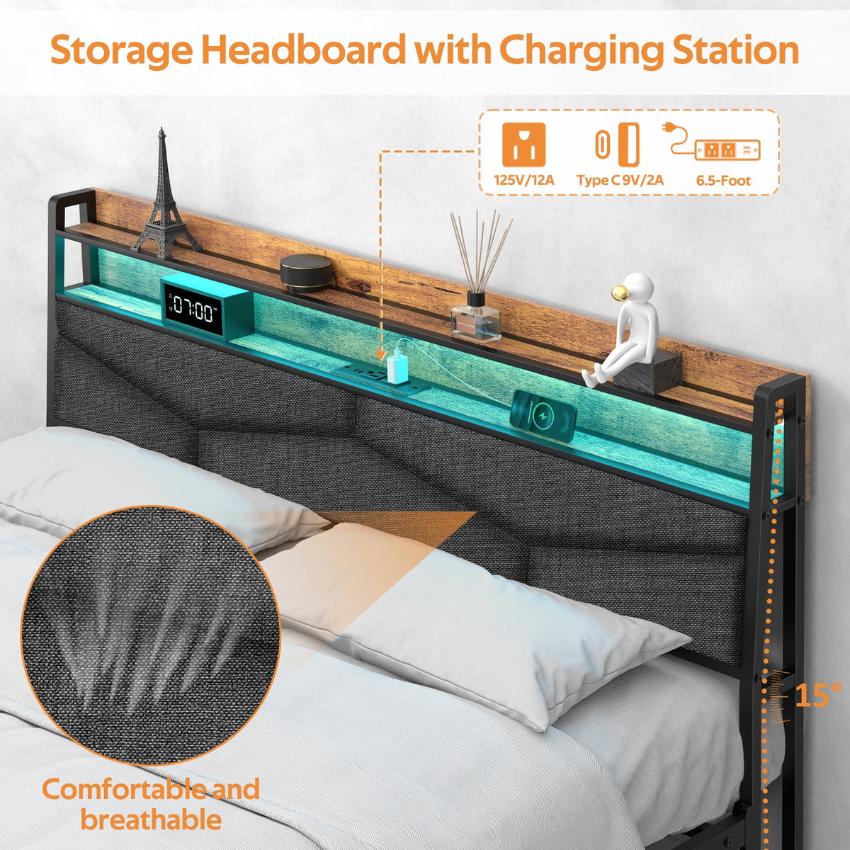 Meteorleg Twin Size Bed Frame with Storage Headboard & Charging Station,Platform Metal Bed Frame with RGB Lights,Grey