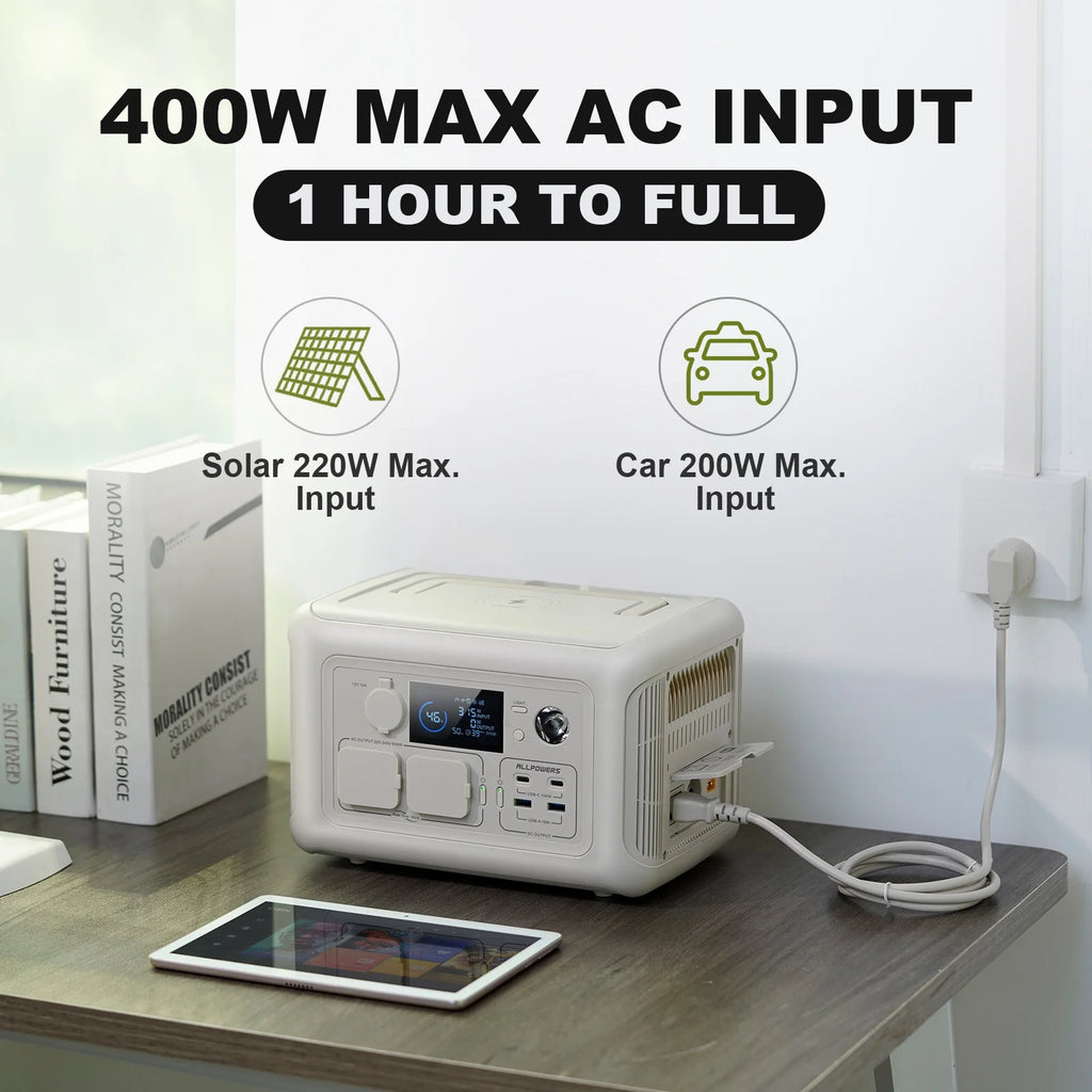 ALLPOWERS Beige R600 Portable Power Station 600W, 299Wh LiFePO4 Battery, Wireless Charging, Solar Generator Charger for Camping, Home Backup, Emergency, off-Grid, Power Outage