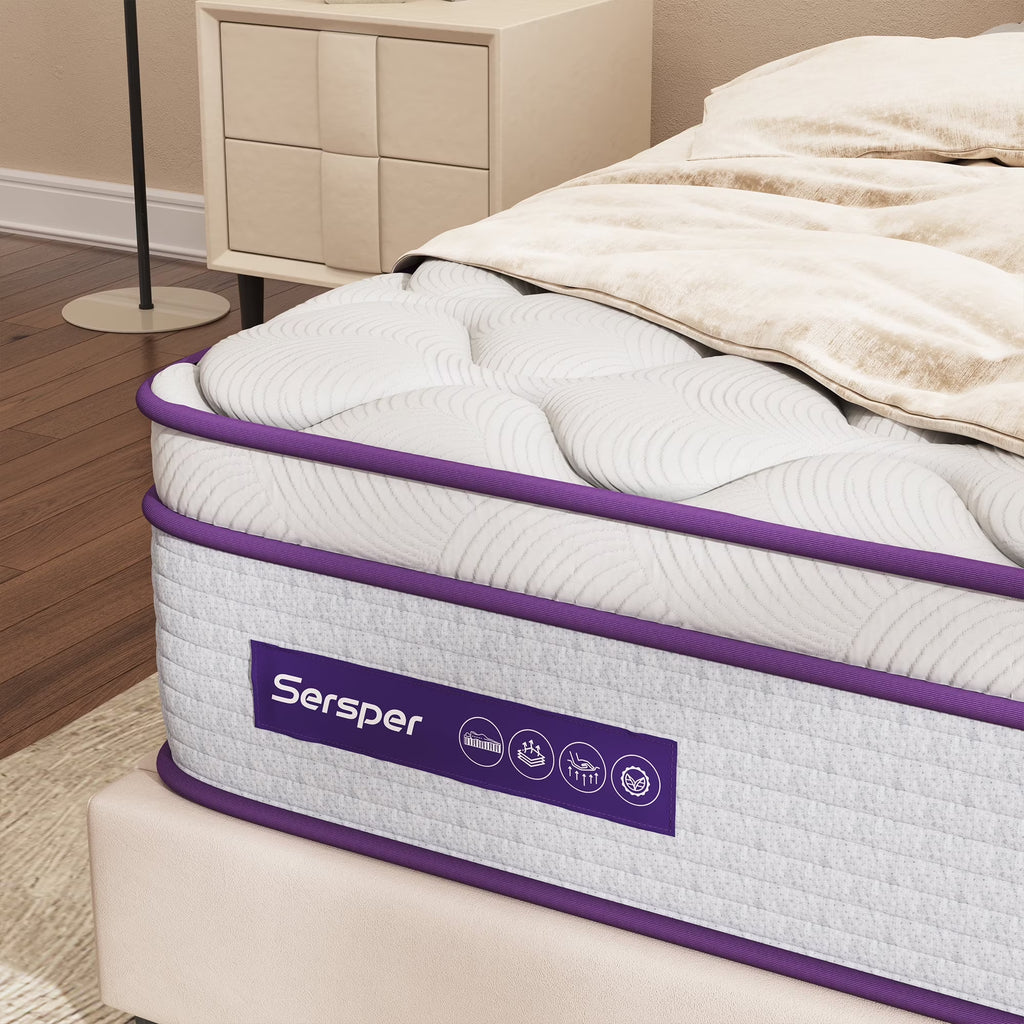 Full Size Hybrid Mattress 10 Inch, Sersper Medium Firm Mattress with Euro Top, Memory Foam, Breathable Soft Knitted Fabric Cover, 5-Zone Coils Support for Pressure Relieving