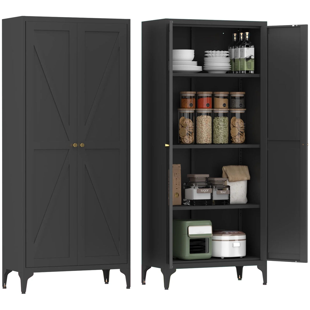 Aukfa 71" Freestanding Kitchen Pantry Storage Cabinet with 4 Adjustable Shelves, Metal Food Pantry Cupboard for Kitchen/Garage/Office, White