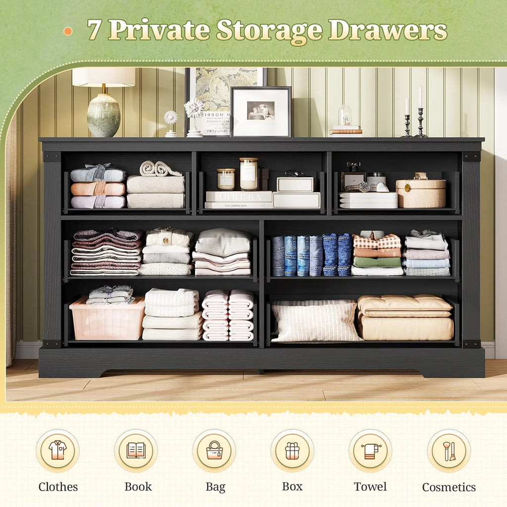 Aunfebrco Black Dresser for Bedroom Farmhouse 7 Drawers Dresser & Chest of Drawers with Thick Styling, Large Clothing Storage Organizer for Living Room