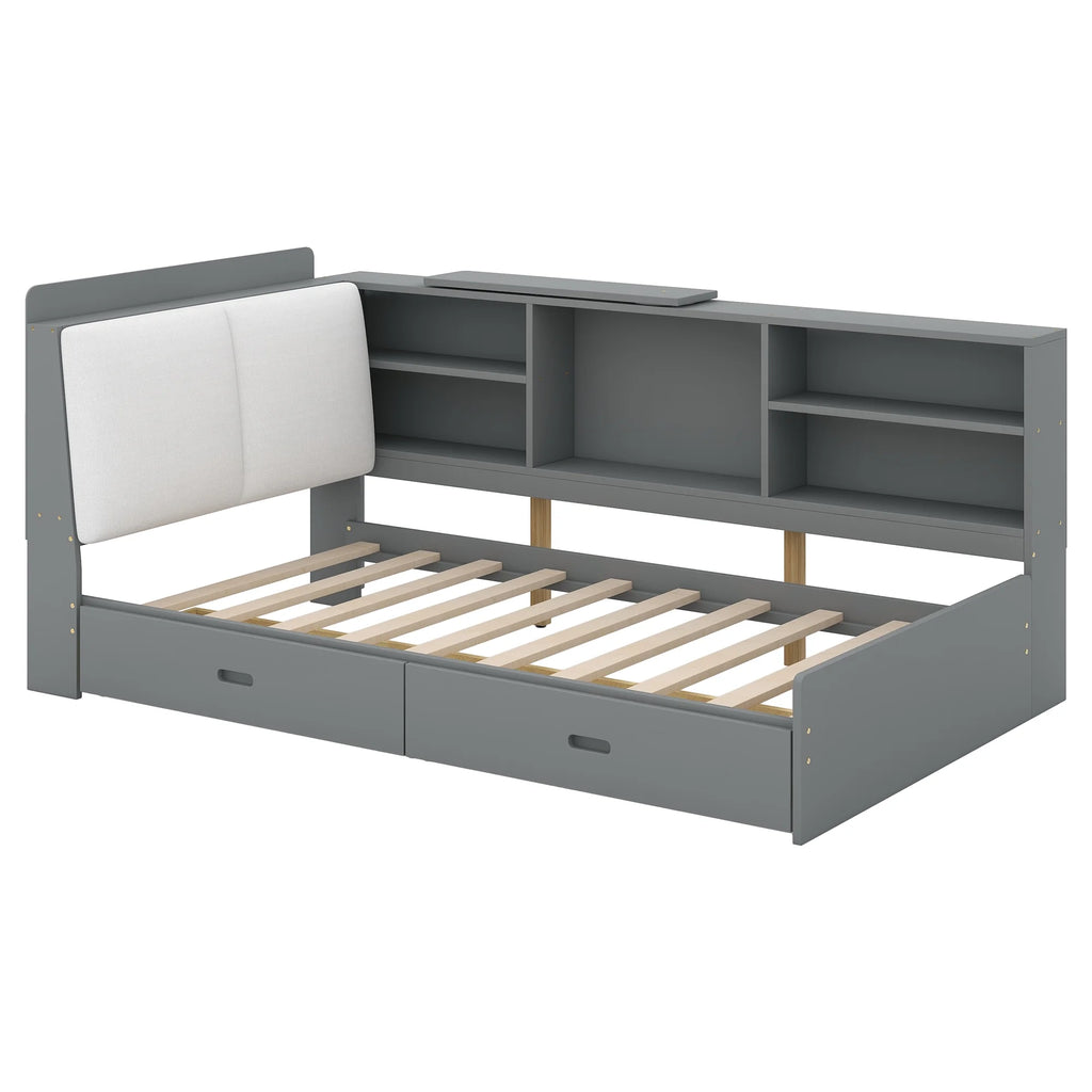 Euroco Wood Twin Size Platform Bed with Storage Headboard and Shelves, 2 Drawers Floor Bed for Kids, White