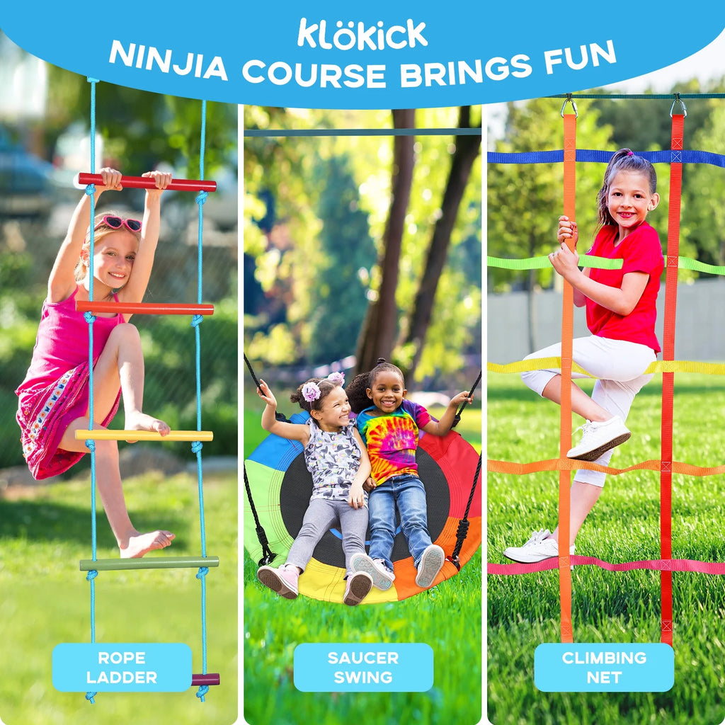 KloKick 50ft Ninja Warrior Obstacle Course with Slackline Monkey Bars and Saucer Swing
