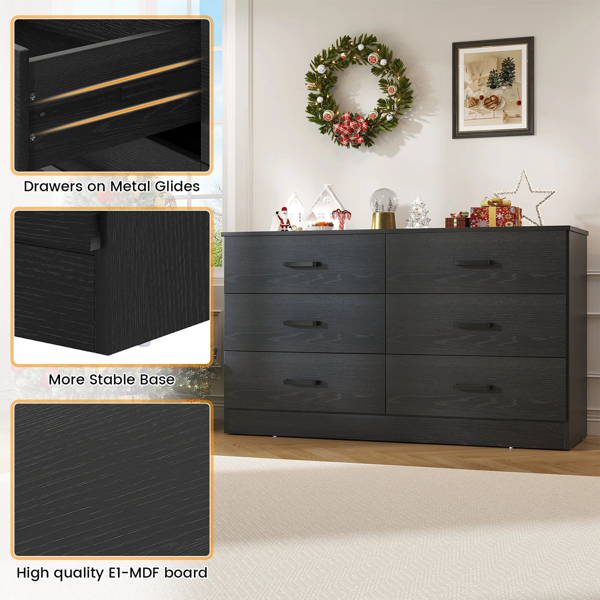 Winkalon 6 Drawer White Double Dresser, Wood Storage Cabinet with Easy Pull Out Handles for Living Room,Chest of Drawers for Bedroom