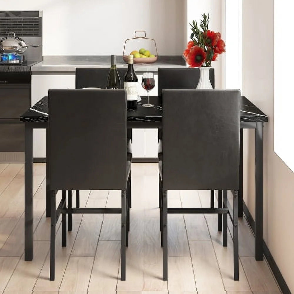 5 Piece Dining Set, Modern Dining Table and Chairs Set for 4, Counter Height Bar Table Set, Modern Pub Table with 4 Velvet Fabric Cushioned Stools, Faux Marble Dining Table & Stools Set, D9297