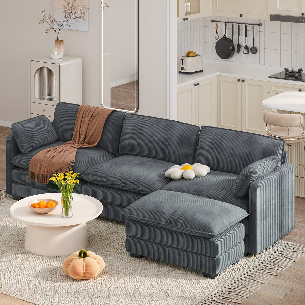 110" Sectional Sofa, L-Shaped Sofa Couch with Deep Seat and Movable Footrest Sofa for Office|Living Room, Gray