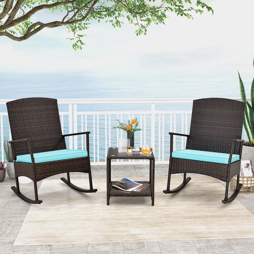 Costway Serenity 3 Piece Patio Rocking Wicker Rockers with White Cushions 2 Tier Coffee Table