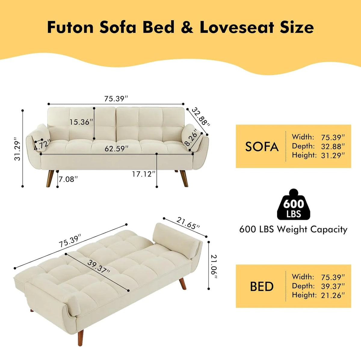 Mydepot Convertible Futon Sofa Bed, Adjustable Couch Sleeper Modern Fabric Recliner Reversible Loveseat Folding Daybed Guest Bed, Armrests, Yellow