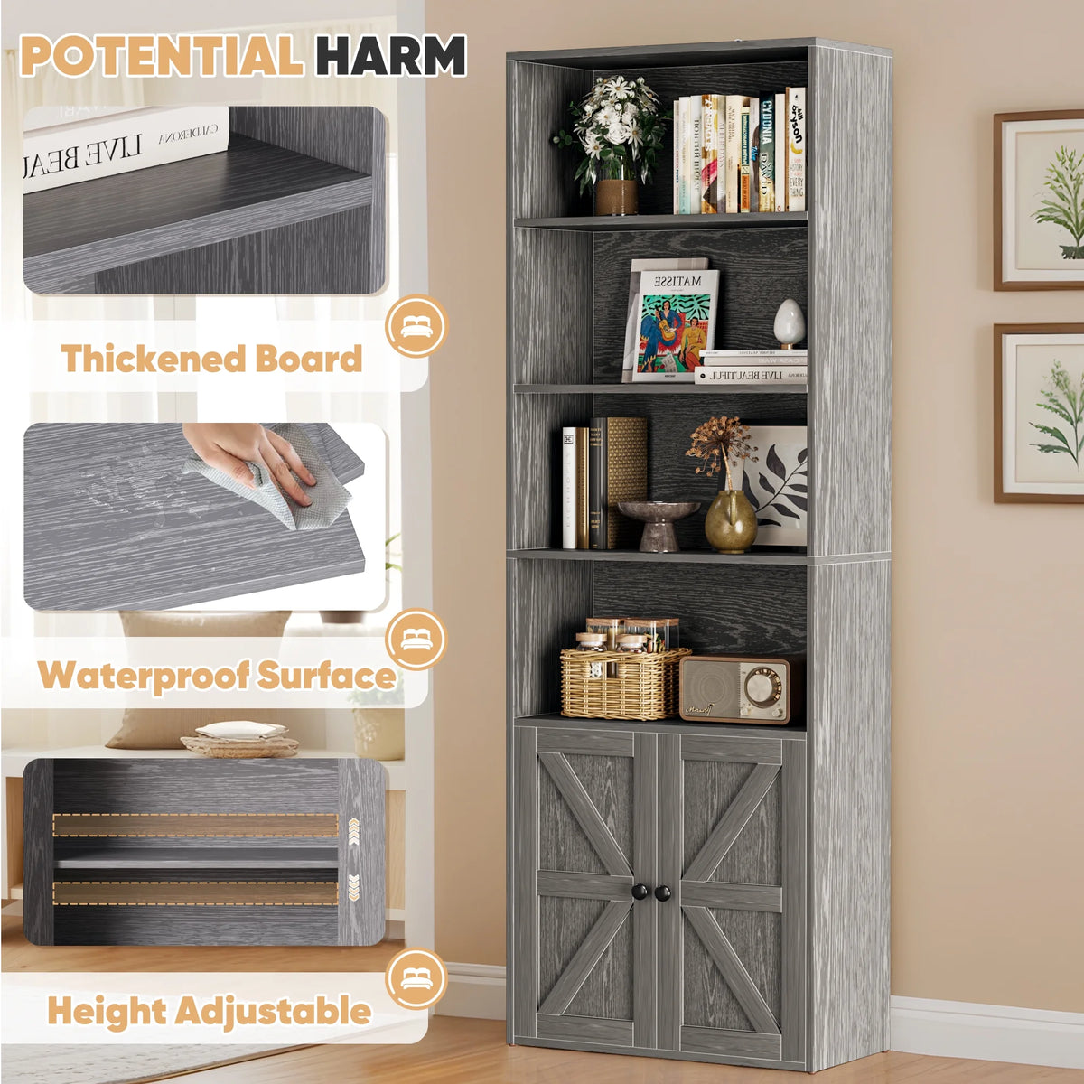 Furmax 1 Piece 4-Shelf Farmhouse Bookcases 4-Tier Bookshelf with Adjustable Shelves&Doors,Storage Cabinet for Home Living room,Kitchen,Office,White