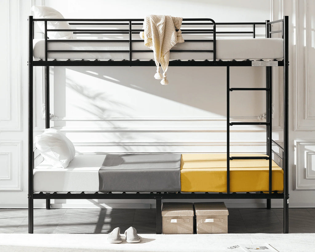 VINGLI Metal Bunk Bed Twin Over Twin with Flat Ladder and High Guardrail, Double Twin Bunk Beds for Kids/Teens/Adults, Bunk Bed with Stairs,Black