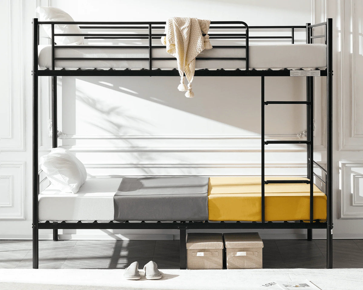 VINGLI Metal Bunk Bed Twin Over Twin with Flat Ladder and High Guardrail, Double Twin Bunk Beds for Kids/Teens/Adults, Bunk Bed with Stairs,Black