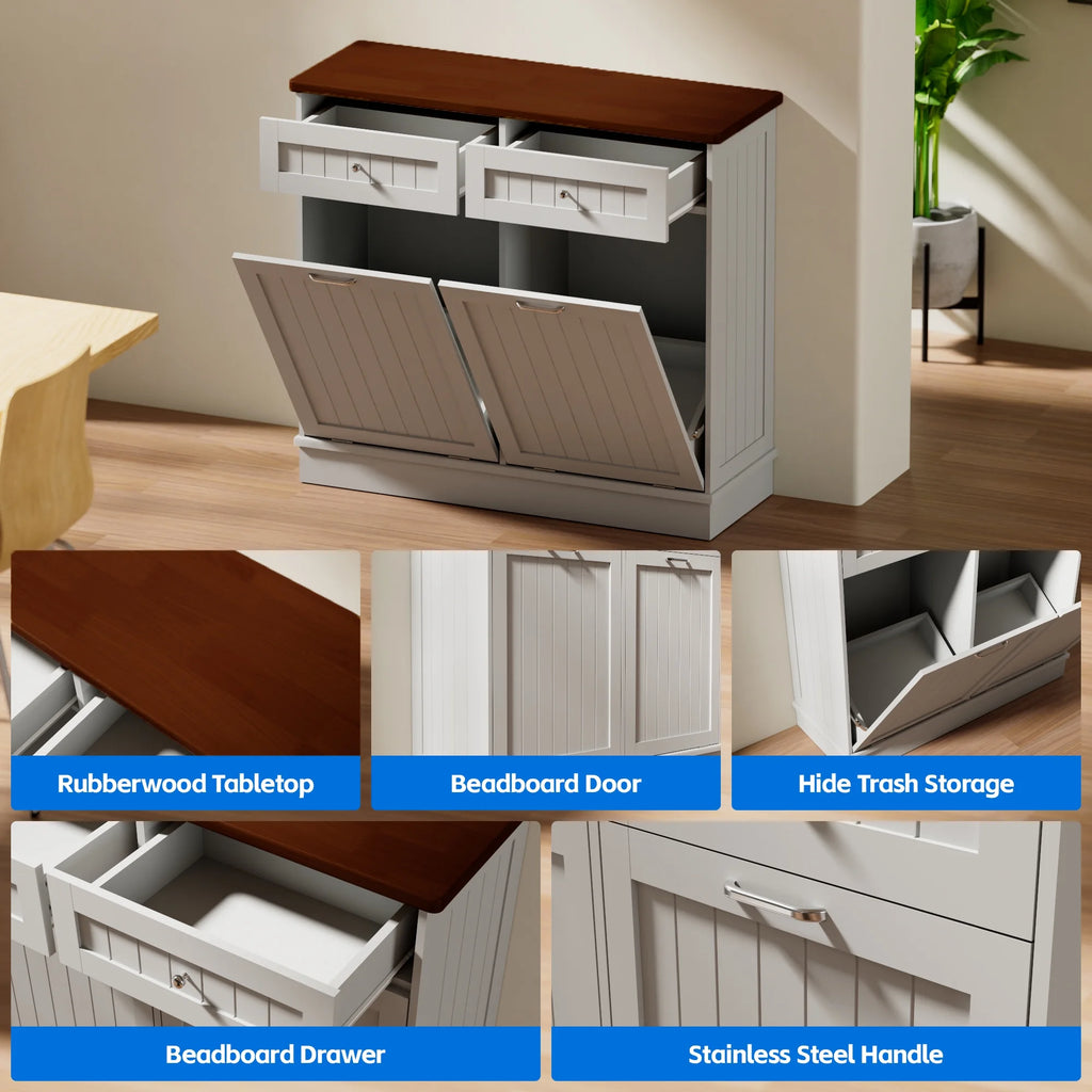 GETYES Double Tilt Out Trash Cabinet, Wooden Recycling Cabinet, 35.83 x 12.99 x 39.37 inches, White