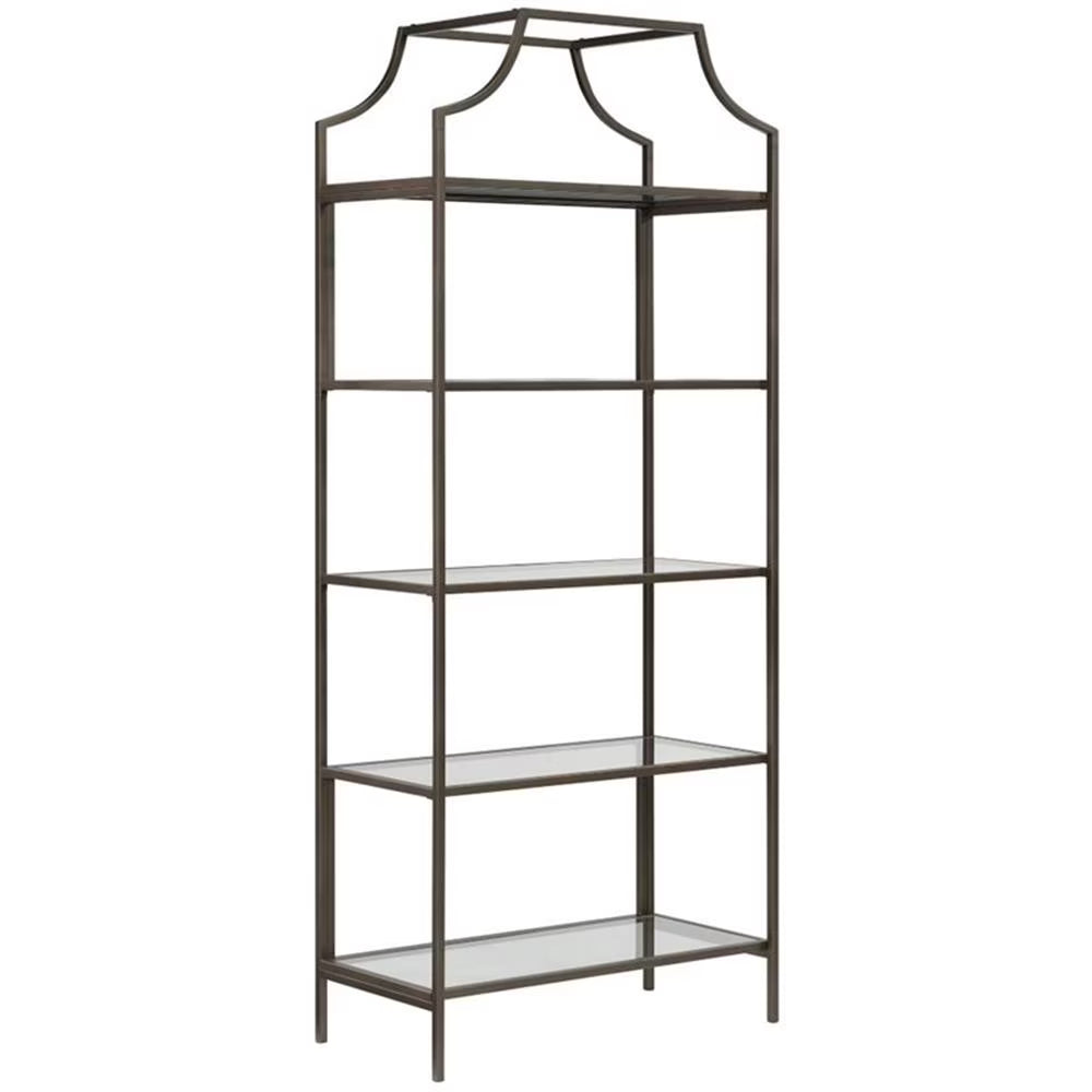 Pemberly Row 5-Shelf Modern Metal Bookcase in Gold Satin/Faux Deco Stone