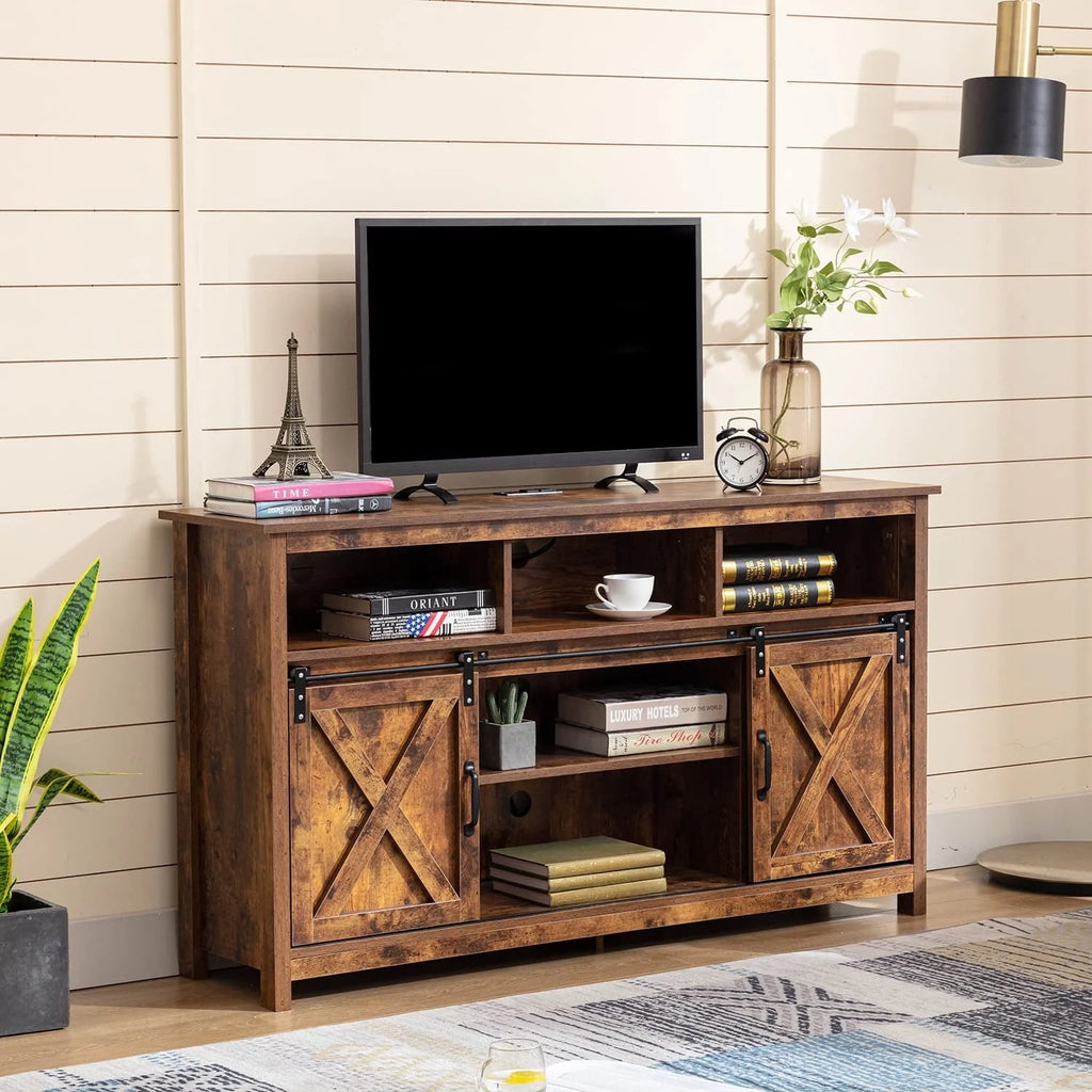 4 Layer Farmhouse Coffee Bar Cabinet With Power Outlet & LED Light, 57" Barn Door Buffet Cabinet Kitchen Storage With Adjustable Shelves(Brown)