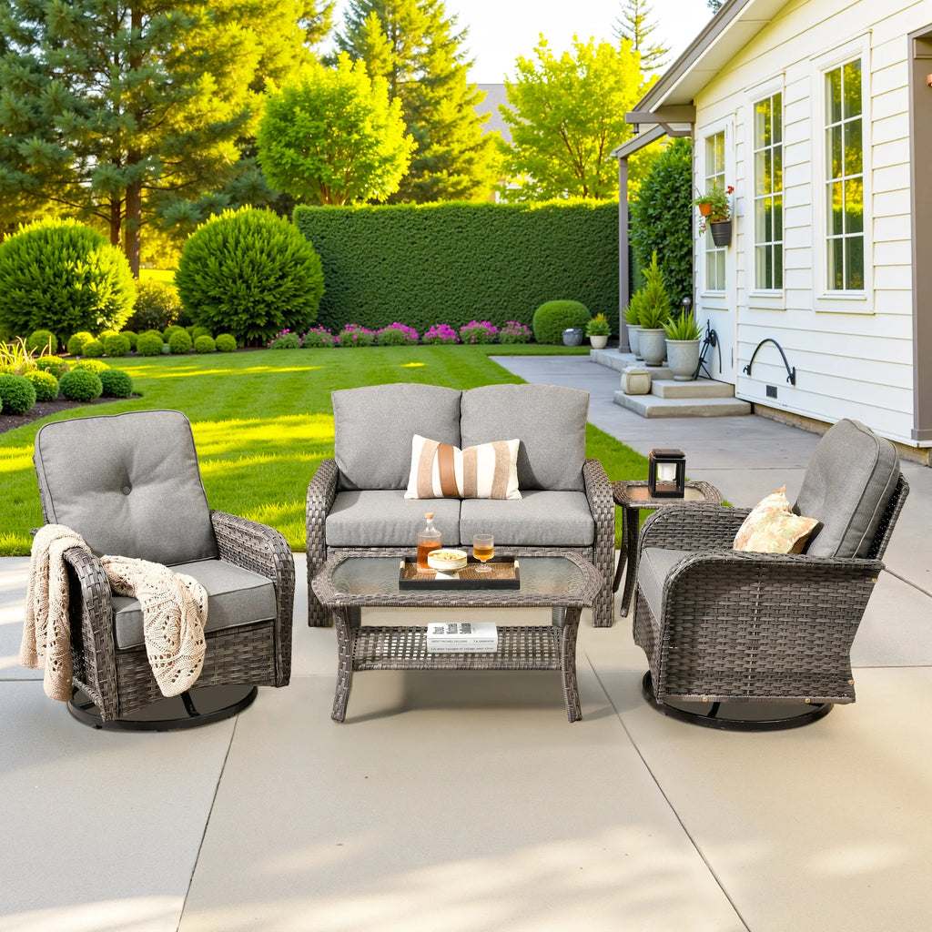 Ovios 5 Pieces Outdoor Patio Furniture Set High Back All Weather Wicker Conversation Set with Swivel Chairs & Coffee Table, Dark Gray