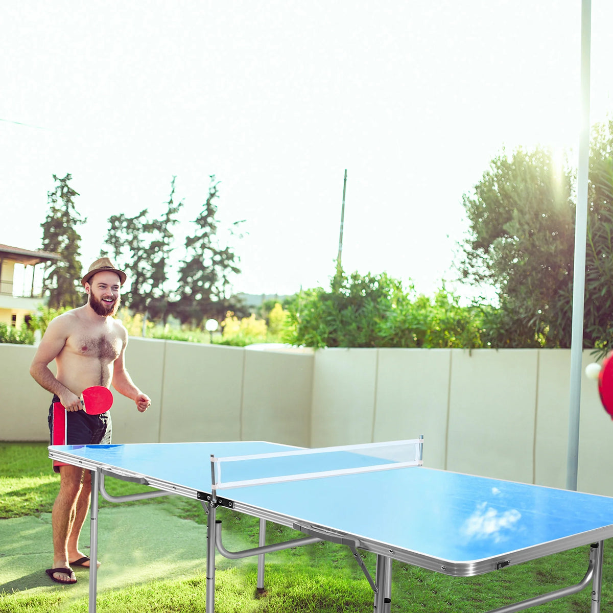 Gymax Folding Table Tennis Table Portable Ping Pong Table w/ 2 Paddles & 2 Balls