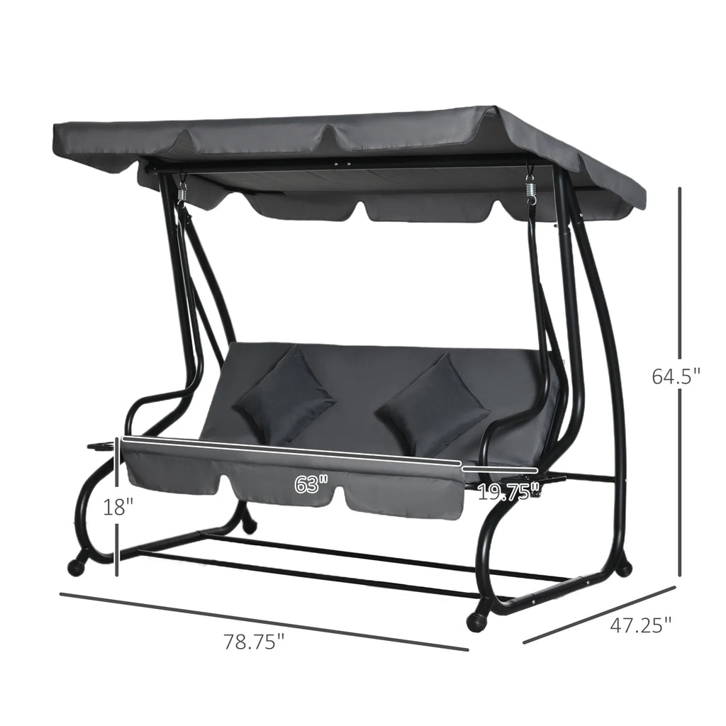 Outsunny 3-Seat Steel Outdoor Canopy Porch Swing with Cushions and Pillows, Light Brown