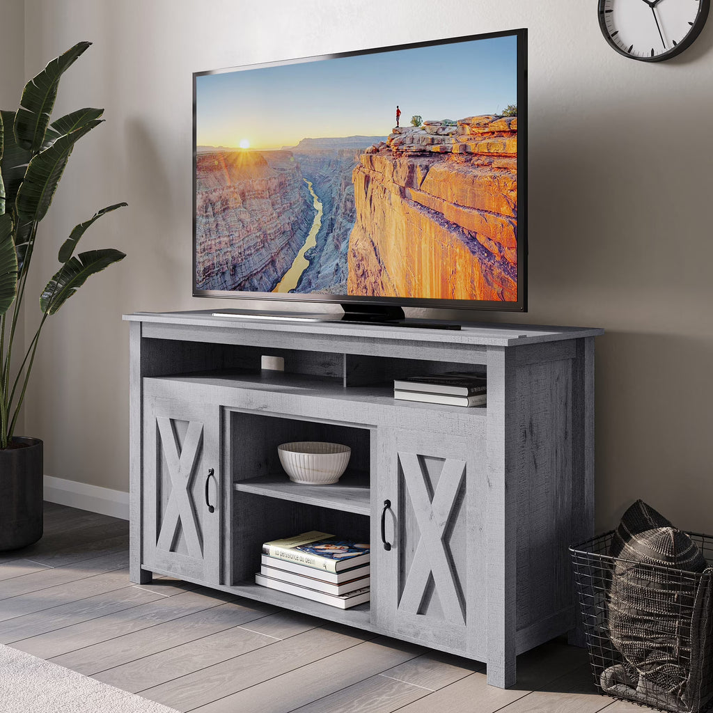 BELLEZE 58 Inch TV Stand, Contemporary Entertainment Center for TVs up to 65", Wood Media Console Table with Two Open Shelves and Barn Door Cabinets - Corin (White)