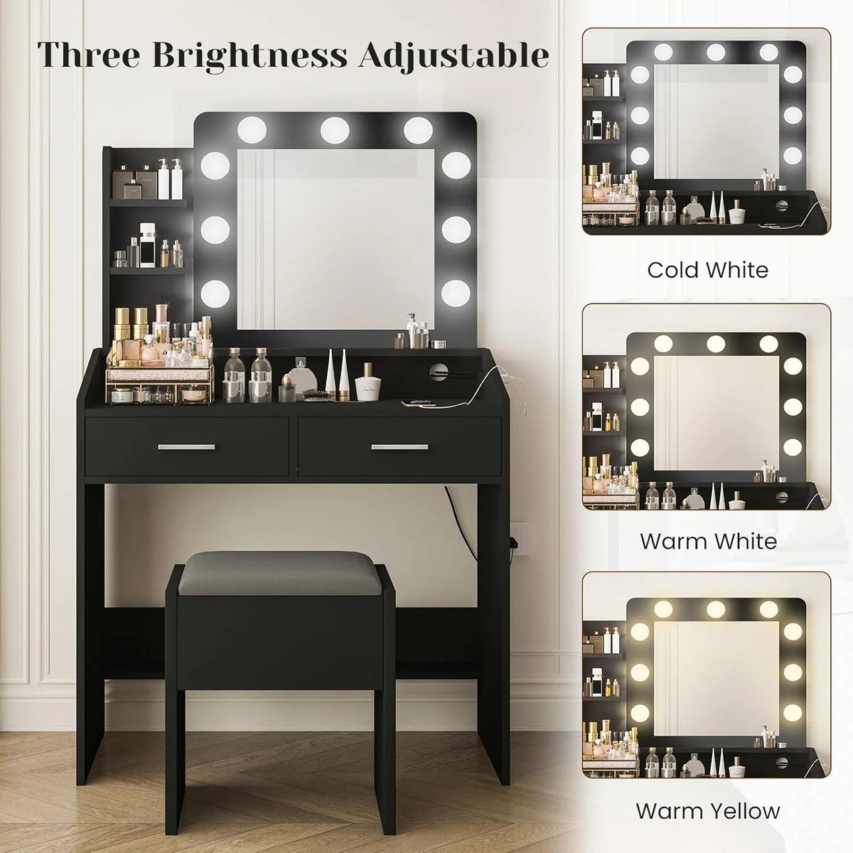 OYang Makeup Vanity with Lights, Vanity Desk with Mirror and Lights Set, Large Drawer and Two-Tier Lots Storage Cabinet, 3 Lighting Modes Adjustable Brightness