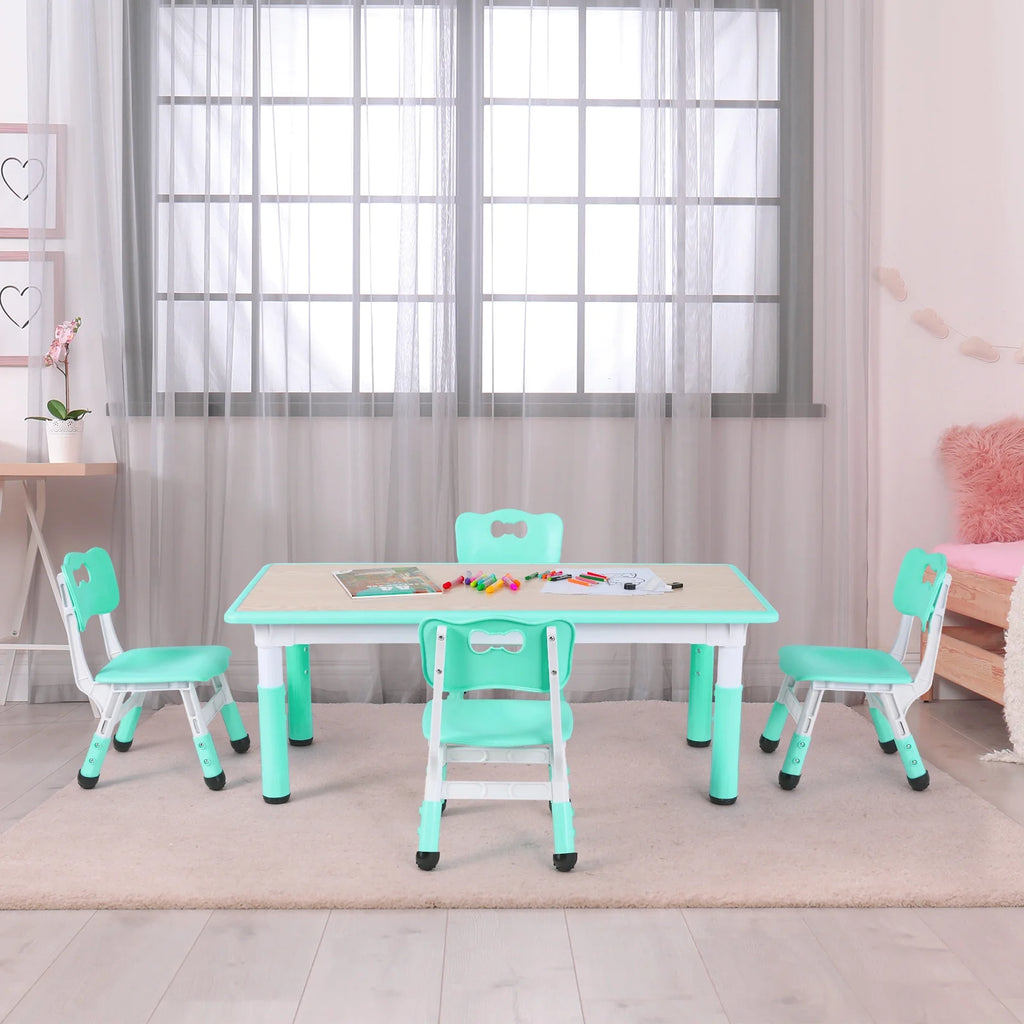 LAZY BUDDY Kids Table and 4 Chairs Set, Height Adjustable Toddler Desk with Graffiti Desktop, Kids Activity Table Set for Daycare, Home