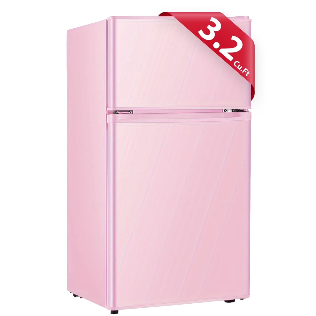 Kcpolre Pink Mini Fridge with Freezer 3.2 Cu.ft Refrigerators, Adjustable Glass Shelves, Quiet Dual Door Dorm Fridge for Bedroom, College, Office