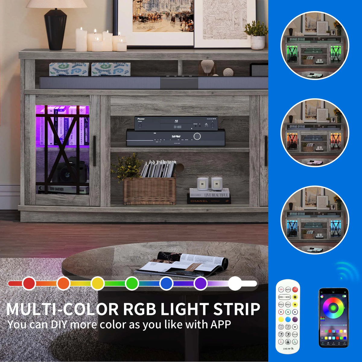 Dextrus TV Stand with LED Lights for TVs up to 70", Entertainment Center Media Console Cabinet with Glass Door, Rustic Gray