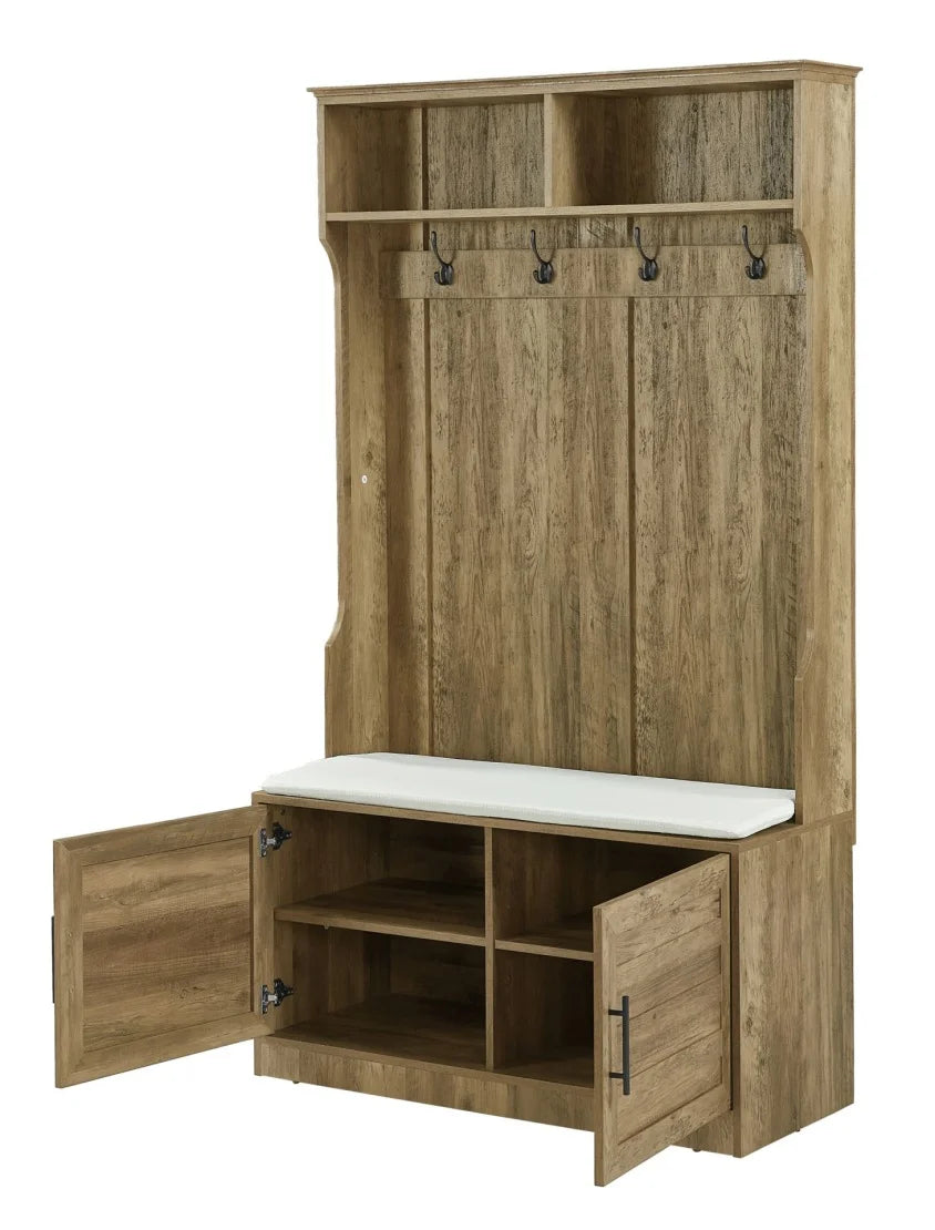 Entryway Hall Tree with Storage Bench, Wooden Coat Rack with Sponge Pad and 4 Dual Hooks, Storage Shelf Organizer with 2-Door Cabinet for Entryway, Bedroom, Easy to Assemble