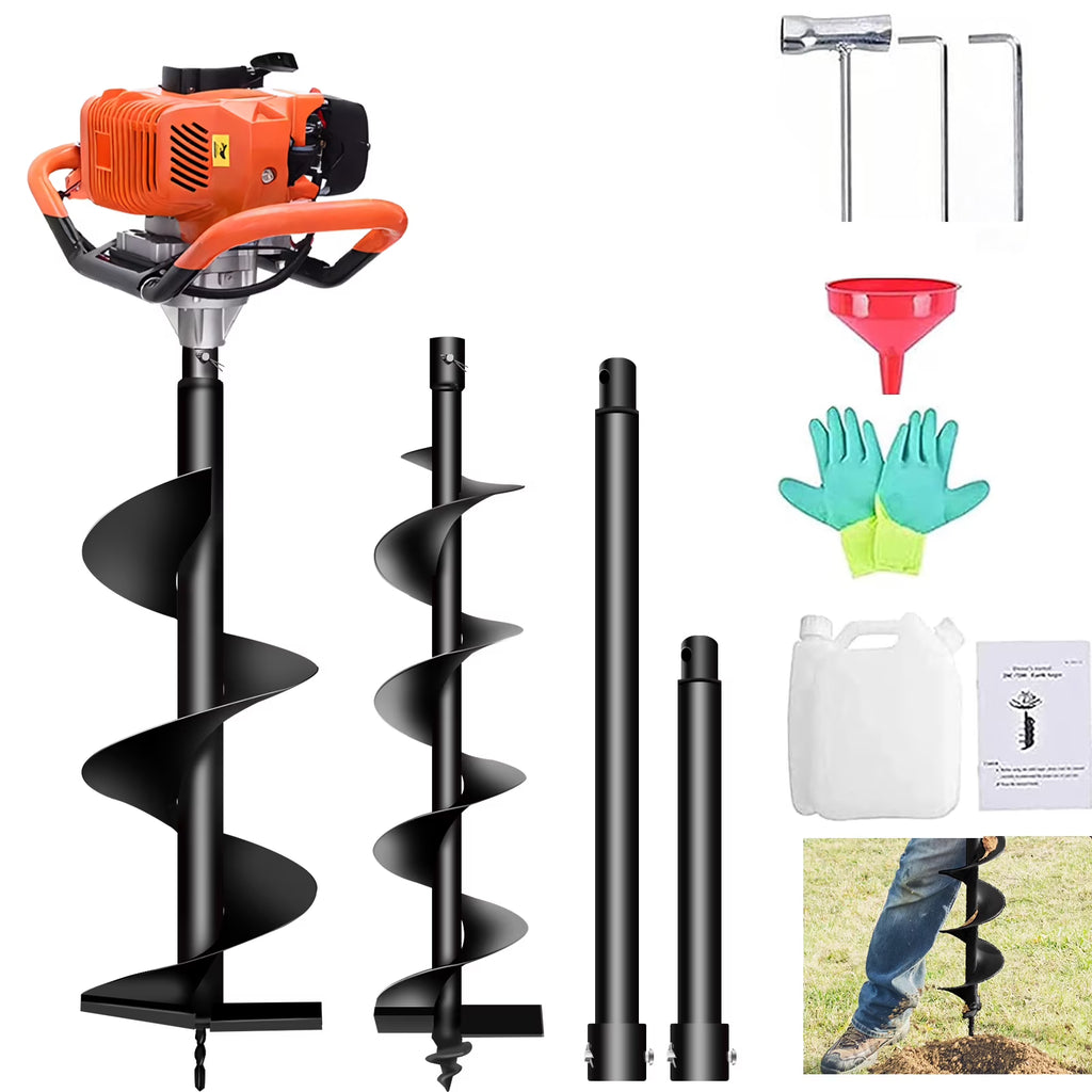 PRIJESSE Gas Powered Earth Digger Post Hole Digger with 3 Extension Rods + 3 Auger Drill Bits