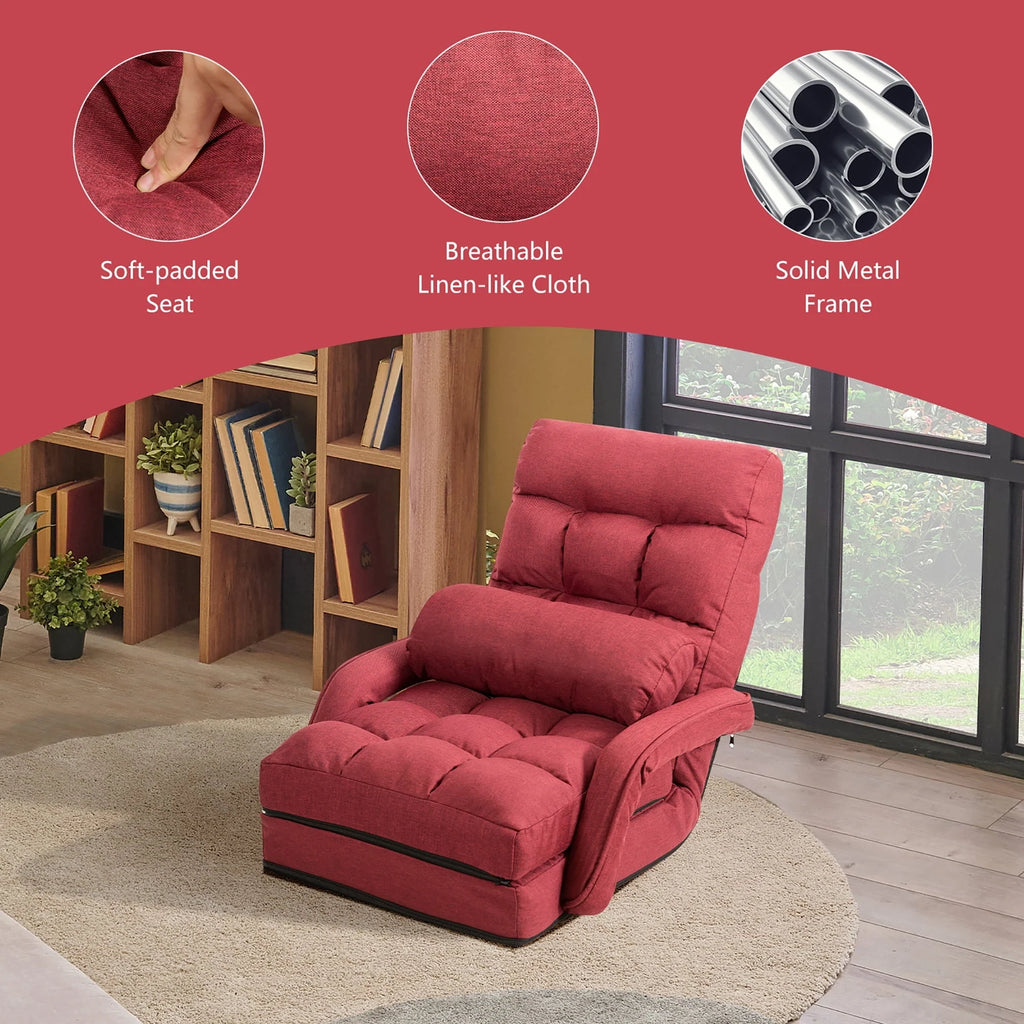 Costway Folding Floor Armchair w/ 6-position Adjustable Back & Lumbar Pillow Red