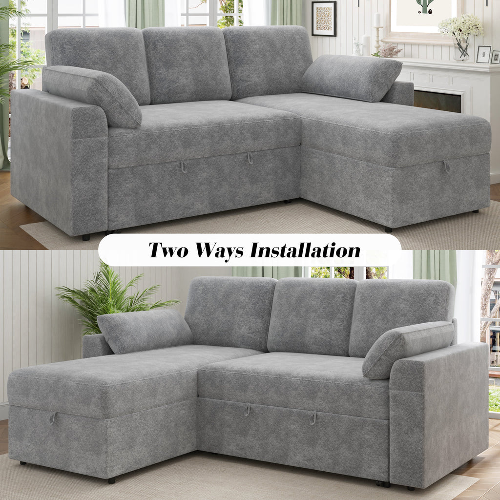 VANACC Sofa Bed, Adult Sleeper Sofa with Storage Chaise, Pull Out Couch for Bed Room, Gray Chenille