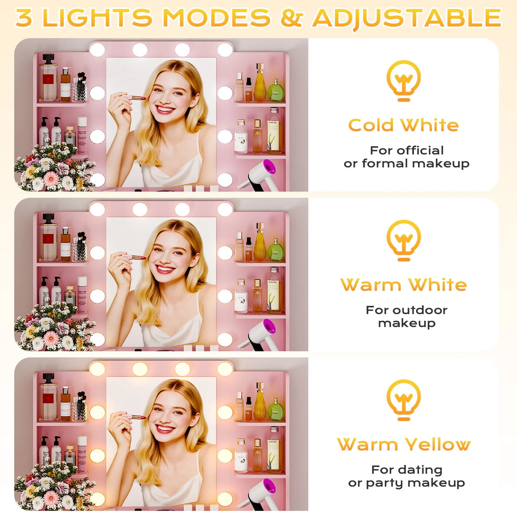 Ktaxon Lighted Makeup Vanity, White Vanity Table Set with 2 Drawer and Charging Station, Femal Gift
