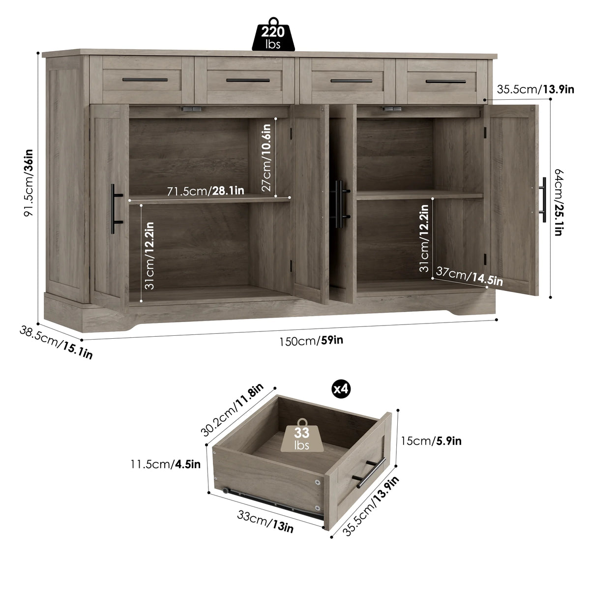 Homfa Farmhouse Buffet Cabinet with 4 Drawers and 4 Doors, 59" W Sideboard Buffet Storage Cabinet with Shelves, for Kitchen Living Room Bedroom, Wash Gray