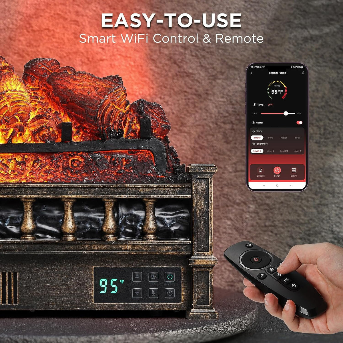 TURBRO Eternal Flame 26 in. WiFi Infrared Quartz Electric Fireplace Log Heater with Sound Crackling, Realistic Pinewood Logs, Adjustable Flame Colors, Remote Control, Thermostat, Timer, 1500W Bronze