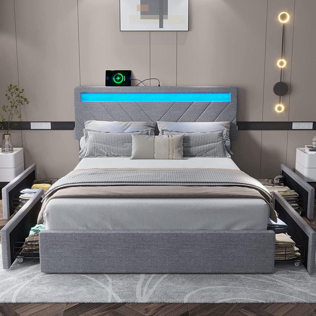 ADORNEVE Queen Size LED Bed Frame with Drawers, Upholstered Platform Bed with 2 USB Charging Station, No Box Spring Needed, Light Grey