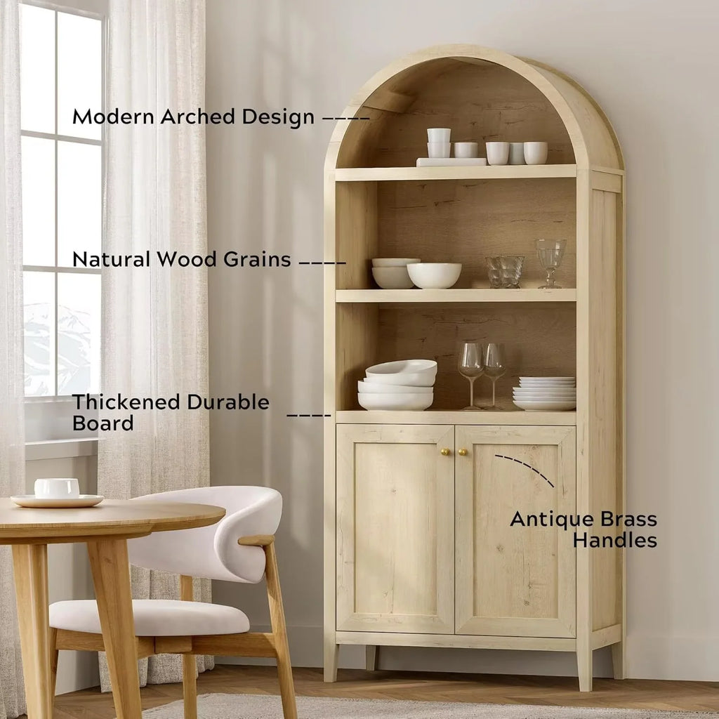 EYYTHUNG 71" Tall Arched Cabinet Modern Farmhouse 5-Tier Arched Bookcase Storage Display Cabinet with Faux Marble Top, Natural Oak