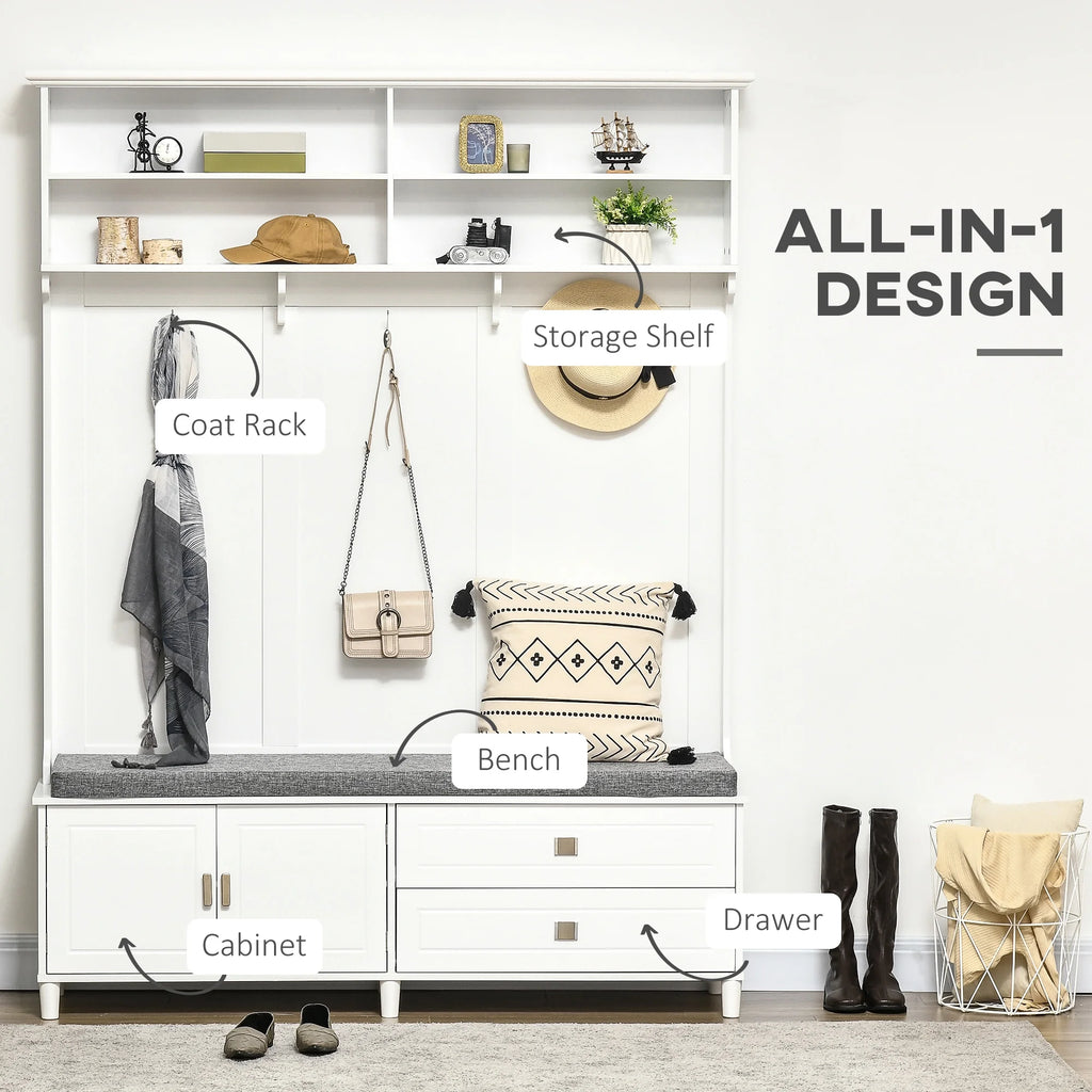 HOMCOM Hall Tree with Storage Bench, Entryway Bench with Coat Rack, Accent Coat Tree with Storage Shelves, Cabinet and Drawers for Hallway, Mudroom, White