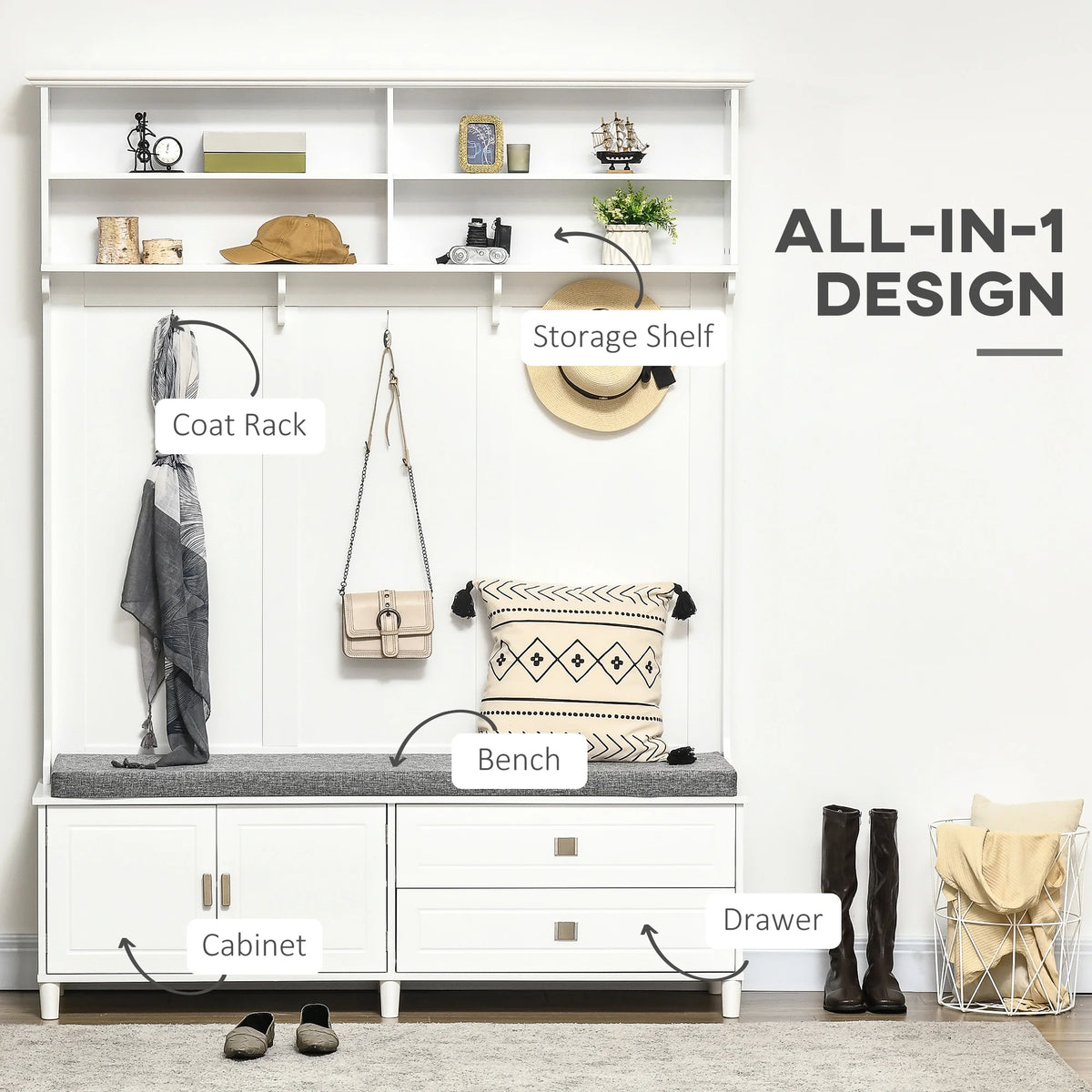 HOMCOM Hall Tree with Storage Bench, Entryway Bench with Coat Rack, Accent Coat Tree with Storage Shelves, Cabinet and Drawers for Hallway, Mudroom, White