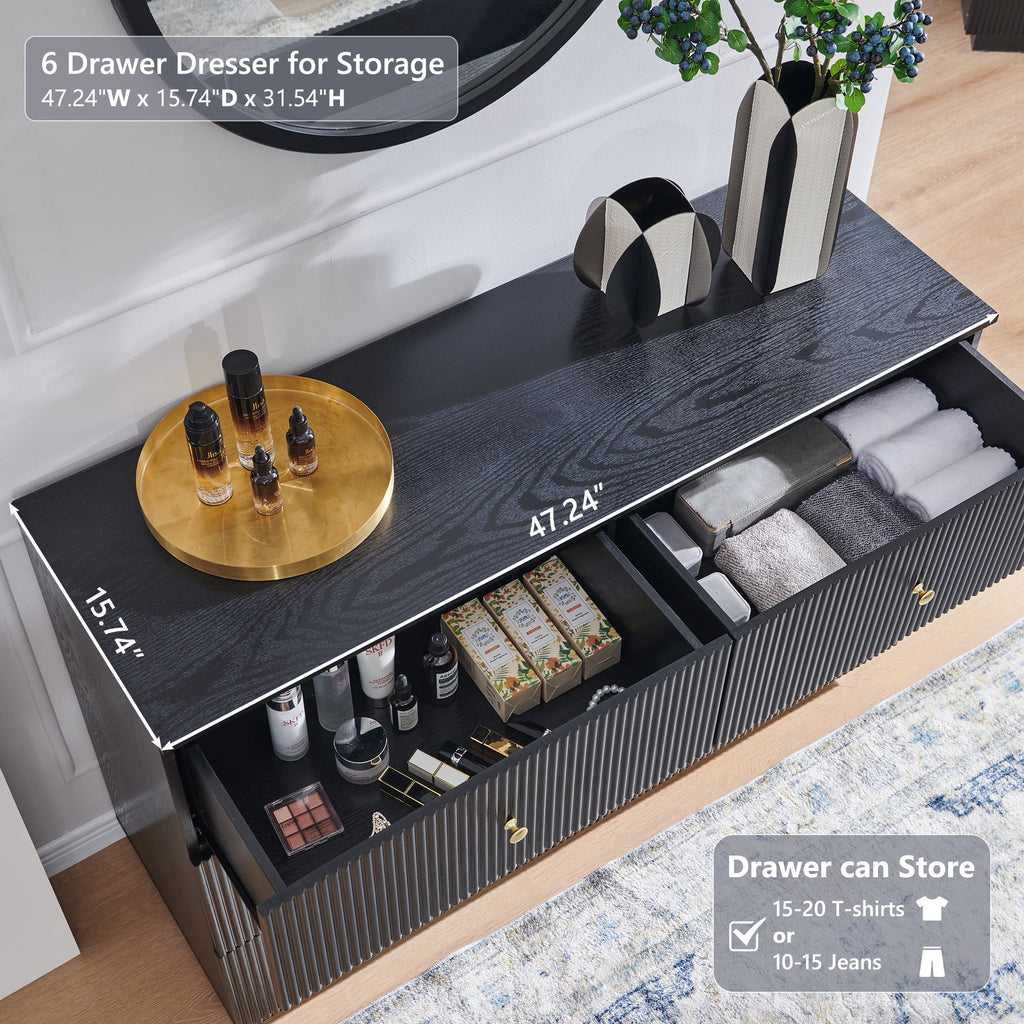 wow97e Fluted 6 Drawers Dresser, Wood 47" Tall Chest of Drawers with Deep Storage, Modern Bedroom Chest for Closet Hallway, Entryway, Living Room
