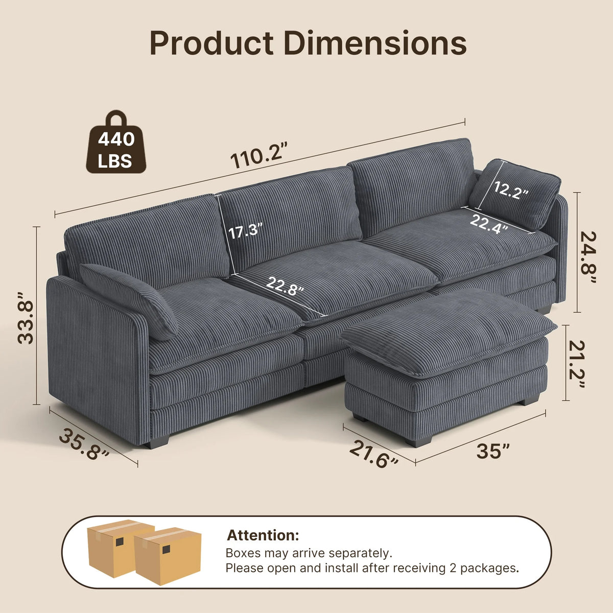 110" Sectional Sofa, L-Shaped Sofa Couch with Deep Seat and Movable Footrest Sofa for Office|Living Room, Gray