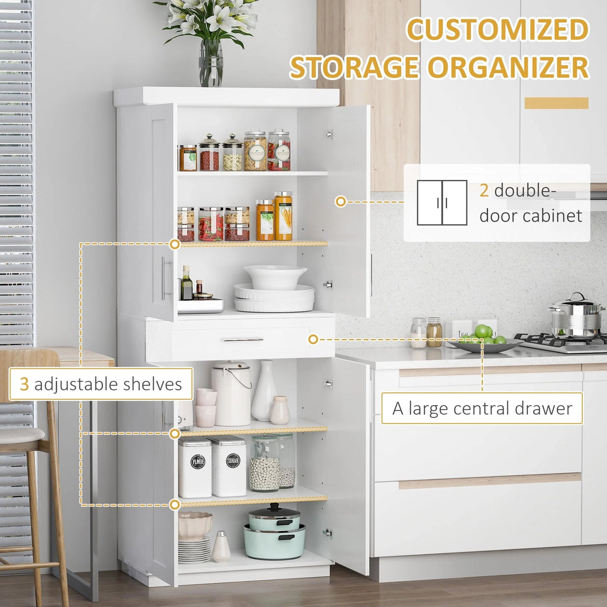 HomCom Modern Kitchen Pantry Freestanding Cabinet Cupboard with Doors and Shelves, Adjustable Shelving
