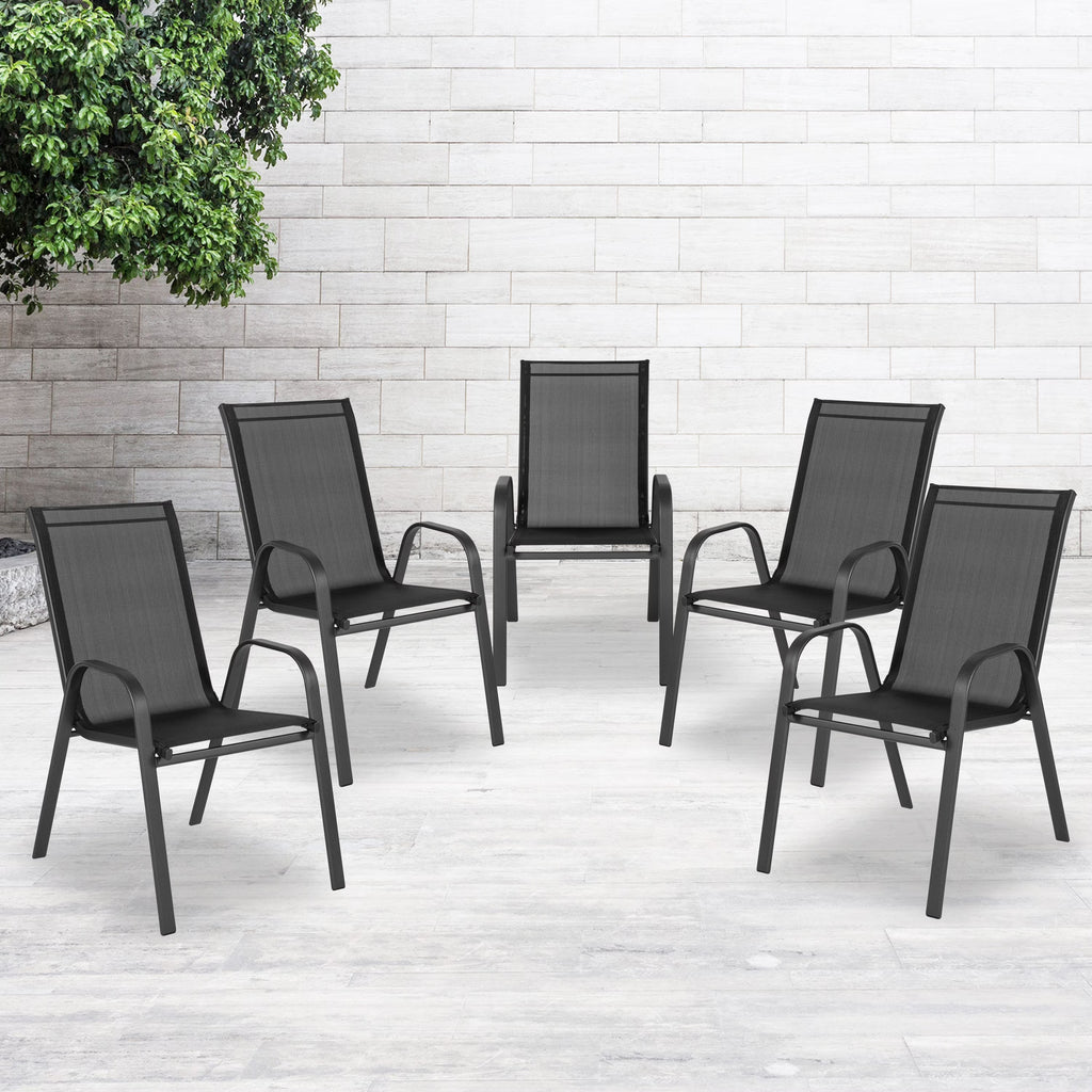 BizChair 5 Pack Black Outdoor Stack Chair with Flex Comfort Material and Metal Frame