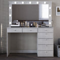 Ember Interiors Modern Large Greige Makeup Vanity Desk with Built-in Lights, Power Outlet with USB Type-C, Glass Top, 7 Drawers and Crystal Knobs
