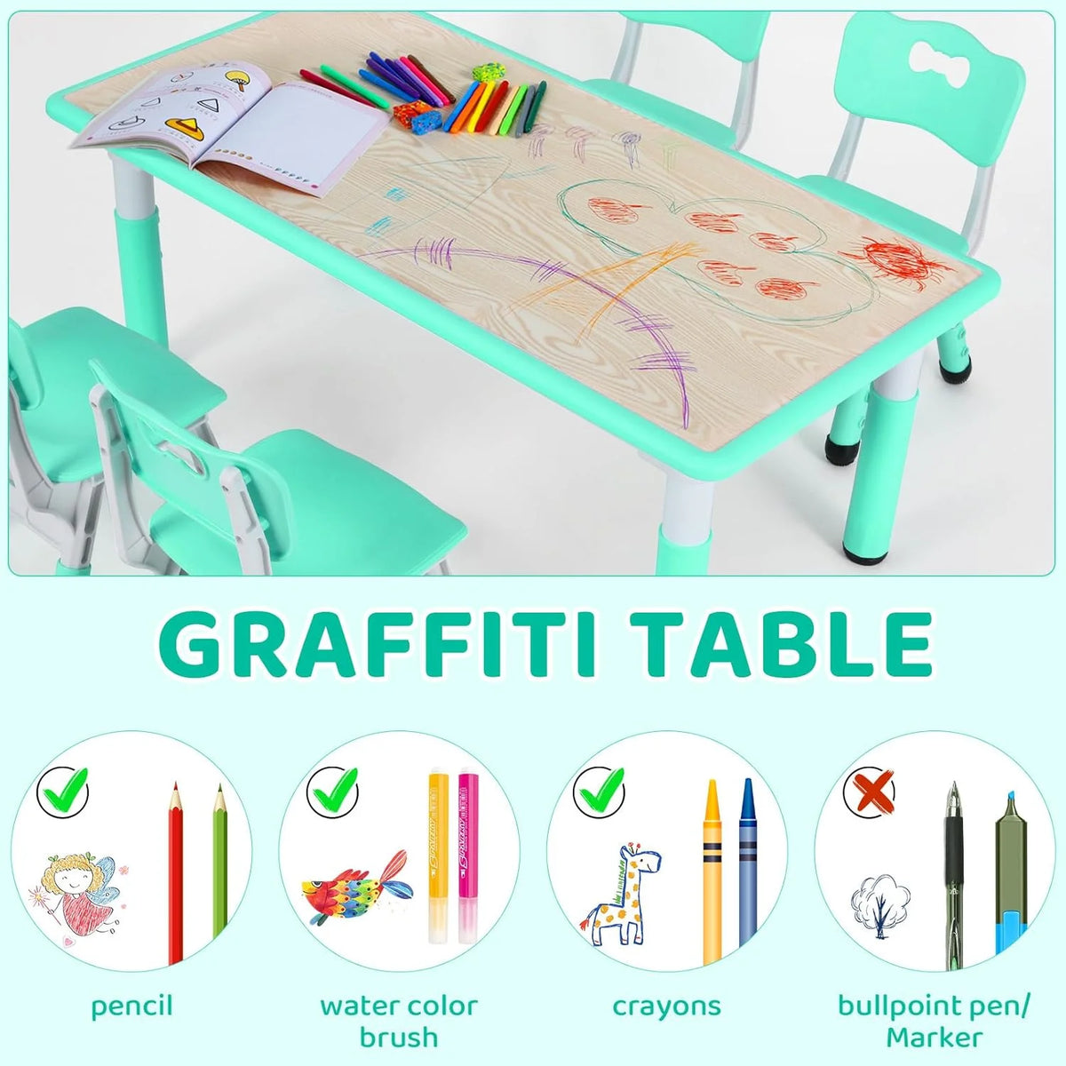 LAZY BUDDY Kids Table and 4 Chairs Set, Height Adjustable Toddler Desk with Graffiti Desktop, Kids Activity Table Set for Daycare, Home
