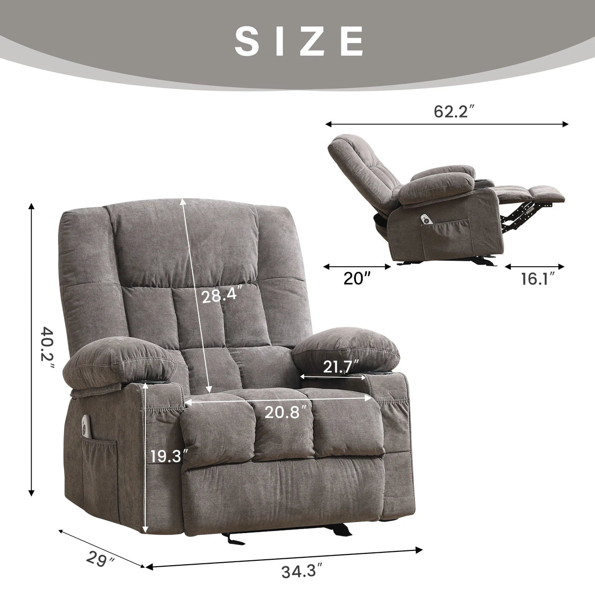 JONPONY Massage Swivel Rocker Recliner Chair with Vibration Massage and Heat Ergonomic Lounge Chair for Living Room with Rocking Function and Side Pocket, 2 Cup Holders, USB Charge Port,Grey