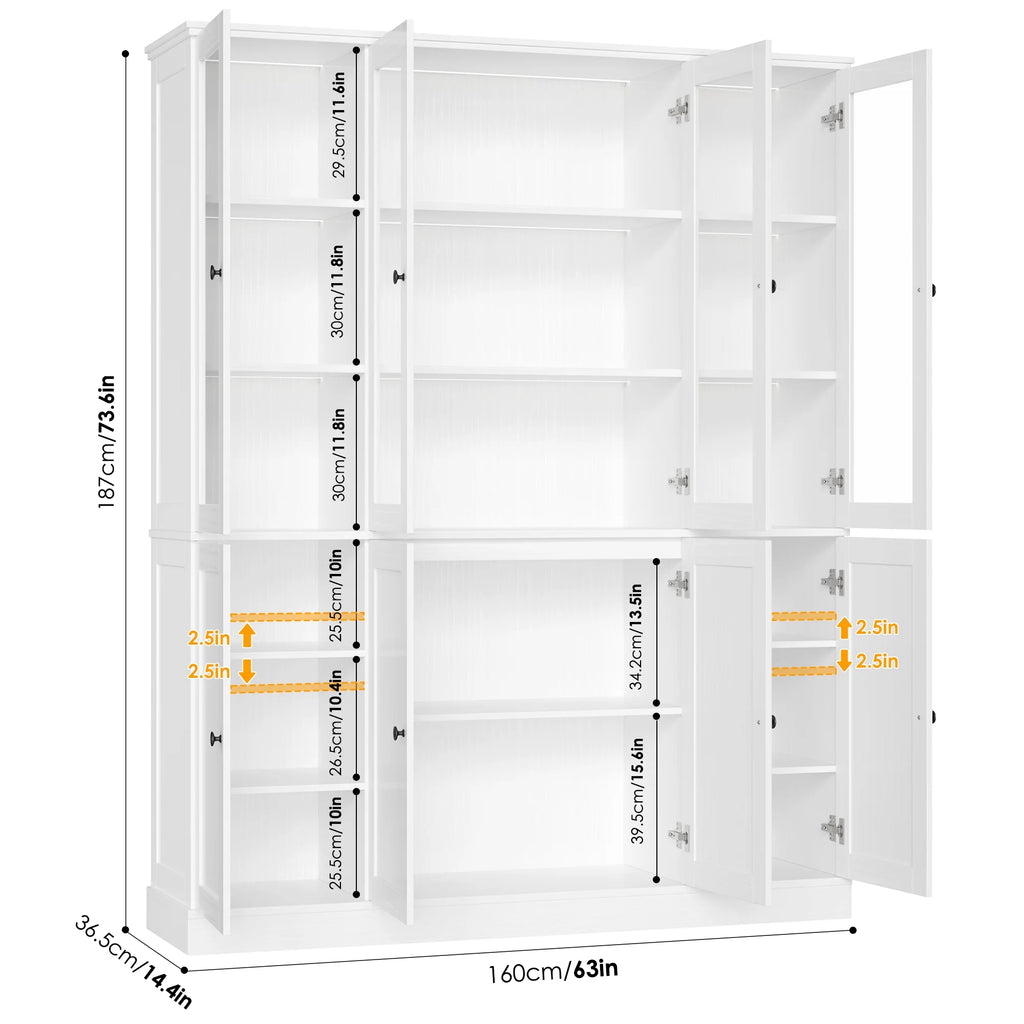 Homfa Kitchen Pantry Cabinet with Glass Doors, 74���� Tall Display Cabinets with LED & Adjustable Shelves for Living Room Office, White