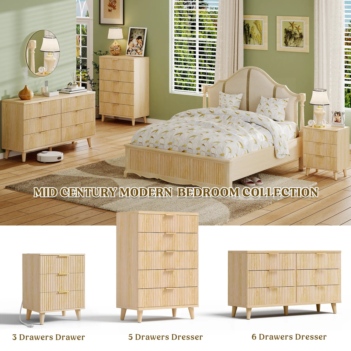 GIKPAL Night Stands for Bedroom, Modern Bedside Table with 3 Drawers & Charging Station,Fluted Panel End Tables for Bedroom  & Living Room, Natural