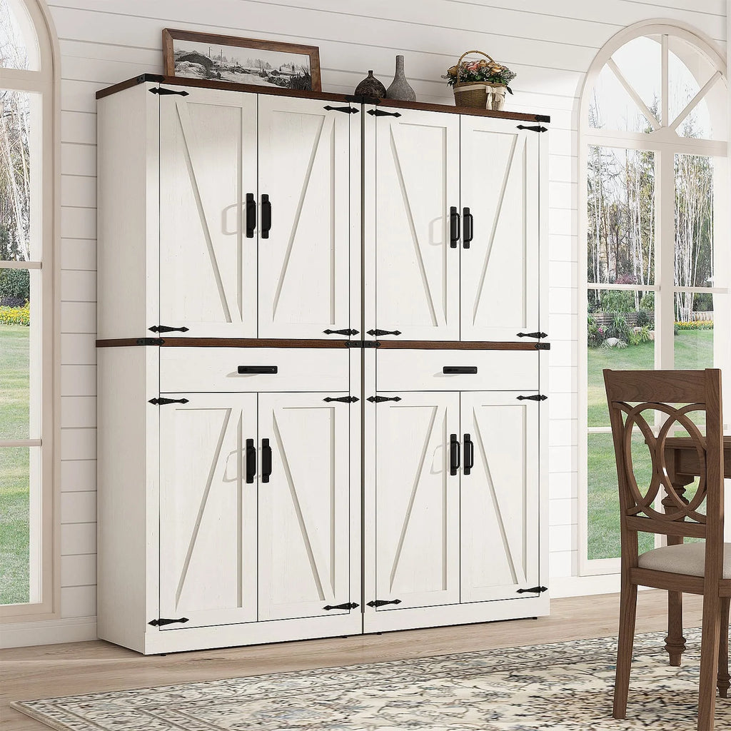 72" Tall Farmhouse Kitchen Pantry Cabinet w/1 Drawer & 4 Roomy Storage Shelves, Versatile Wood Storage Cabinet with 4 Barn Door & Adjustable Shelves &  for Dining Room Bathroom Utility Room